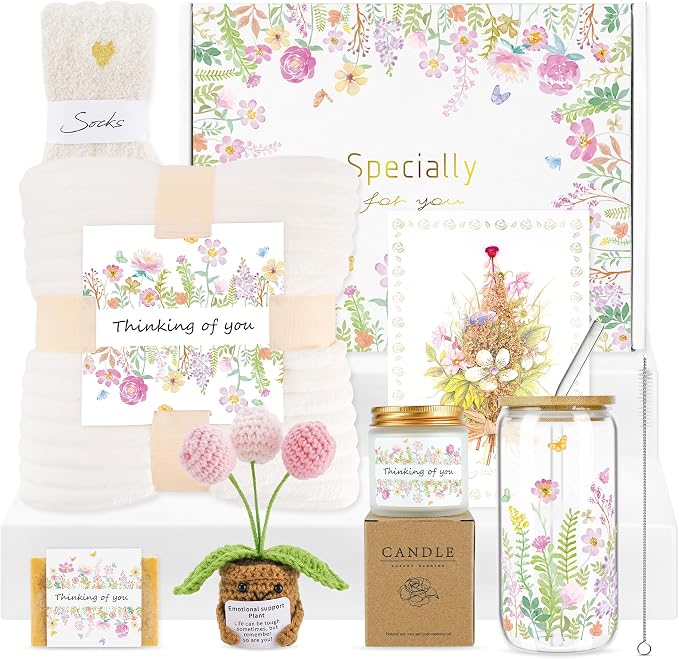 8 PCS Self Care Gifts for Women, Spa Gift Basket Care Package with Blanket, Glass Cup, Candle & Socks, Thinking of You Birthday Relaxation Gifts for Mom Sister Friend Wife Teacher Her