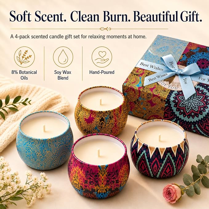 Scented Candles Gift Set for Women, 4 Pack Soy Wax Candles in Classic Bohemian Tins, Aromatherapy Candle Set, Birthday Gifts for Mom, Thank You Gifts