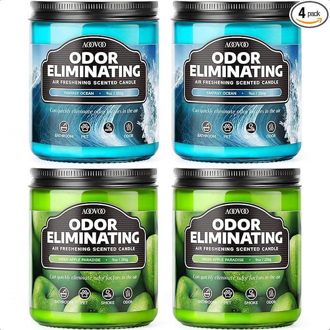 AOOVOO 4 Pack Fantasy Ocean/Green Apple Odor Eliminating Highly Fragranced Candle - Eliminates 95% of Pet, Smoke, Food, and Other Smells Quickly, Non Toxic Air Freshing Soy Candle