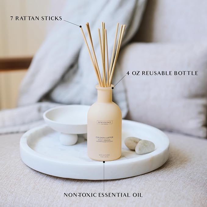 Benevolence LA Reed Diffuser - Orange, Cedarwood & Clove | Home Fragrance Diffuser for Home & Bathroom | Long-Lasting Scent Sticks - Malibu Sands Collection