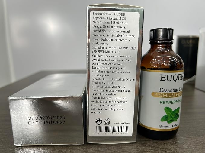EUQEE Peppermint Essential Oil 118 ml Peppermint Oil with Glass Dropper, Great for Aromatherapy, Diffuser, Soap Candle Making - 4Fl. Oz