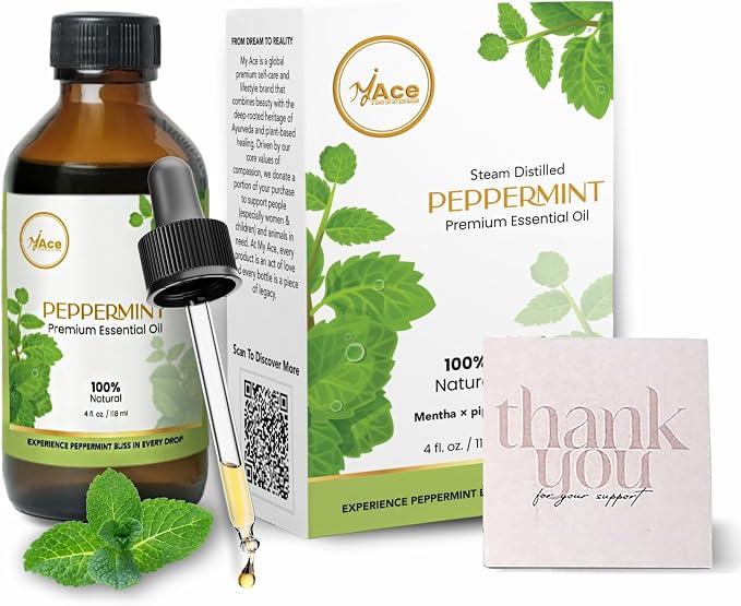 My ACE Peppermint Essential Oil 4 Fl Oz - Pure & Natural - Premium Grade for Aromatherapy, Diffuser, Skin, Hair, Massage, Candle & Soap Making, Home - Glass Bottle with Dropper - Long Lasting Scent