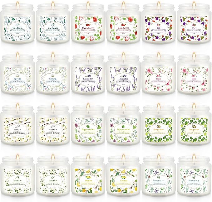 Scented Candle Set 24 Pack,White, Candle for Home Scented, Odor Eliminating, Stress Relief, Long Lasting Soy Wax Gift Set