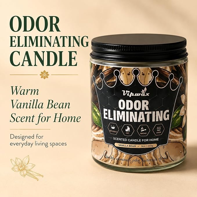 9 oz Vanilla Bean Odor Eliminating Candles for Home Scented, Eliminates 99% of Pet, Smoke, Food and Other Smells Quickly, Highly Fragranced Candle, Premium Soy Candles Set for Women