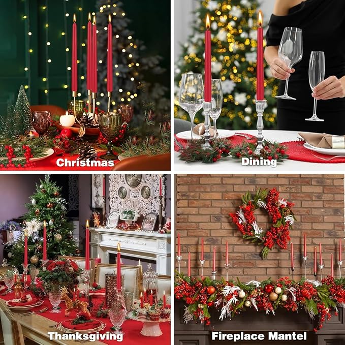 YOROXRG 24 Pack Red Taper Candles, 7-8 Hours Burn Time, Unscented, Smokeless and Dripless, 0.75 x 10 Inch Dinner Candle Set for Christmas,Household, Wedding, Party and Home Décor Candlesticks