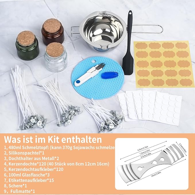 NPFVKSA Candle Making Kit, 120 Candle Wicks, 480ml Wax Melting Pot, 120 Wick Stickers,3 Candle Jars,2Candle Wick Holders,Candle Making Kit for Adults