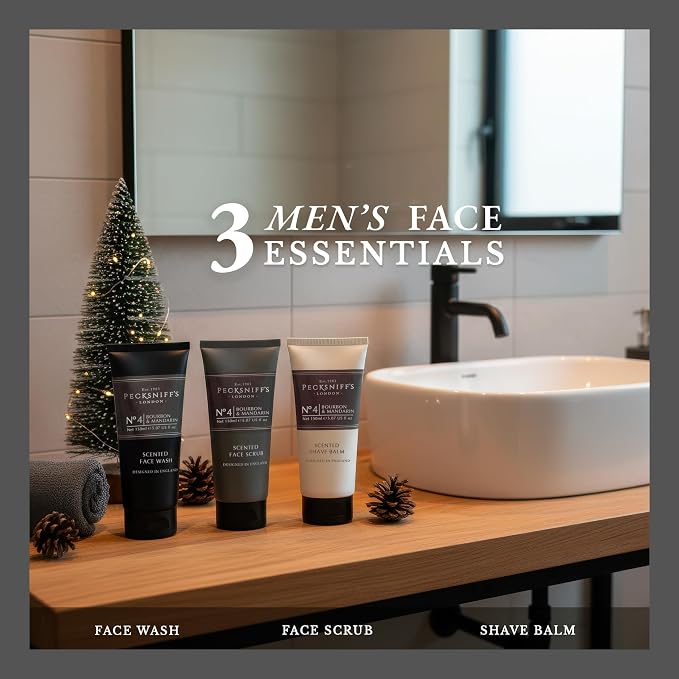 Pecksniff’s Men’s Trio Face Collection – Bourbon & Mandarin – Face Wash, Face Scrub & Shave Balm Gift Set, 3 x 75ml