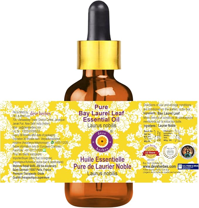 Deve Herbes Pure Bay Laurel Leaf Essential Oil (Laurus nobilis) with Glass Dropper Steam Distilled 5ml (0.16 oz)