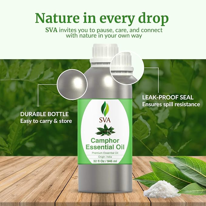 SVA Camphor Essential Oil – 32 Fl Oz – 100% Natural Camphor Oil - for Diffuser, Hair Care, Face, Skin Care, Aromatherapy, Scalp and Body Massage, Soap and Candle Making
