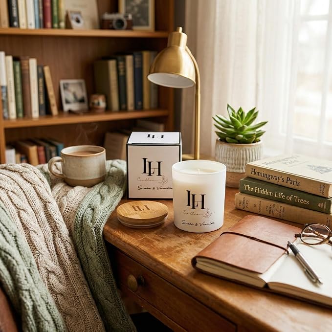 LH Smoke and Vanilla Scented Candle - Soy Wax Natural Candle - Relaxing Gifts for Women - Long Lasting Tobacco Vanilla Bean and Sandalwood Highly Scented Candles for Home Decor