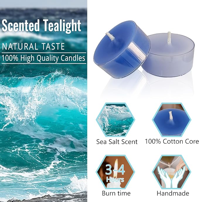 Blue Ombre Tea Lights Candle Set of 24, Sea Salt Scented Tealight Candles, Handmade Tea Candles, Long Burning Tealights for Romantic Wedding Home Decor Gift