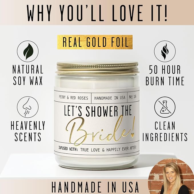 Bridal Shower Gifts, Bride Gifts for Bride to Be - 'Let's Shower the Bride' Soy Wedding Candle, w/Peony Wedding Bouquet - infused w/Essential Oils I Bachelorette Gifts for Bride I 50Hr Burn, USA Made