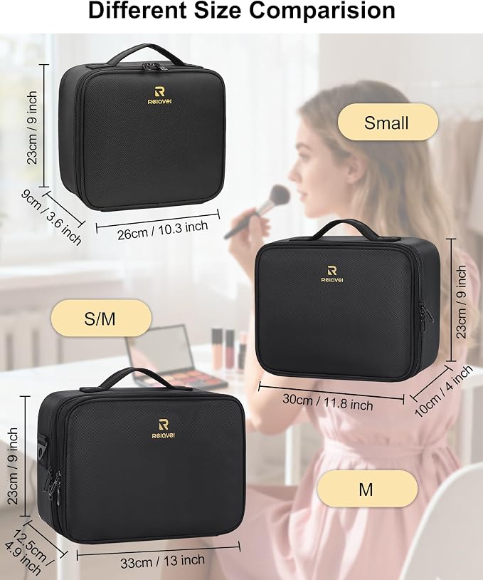 Relavel Makeup Bag Large Cosmetic Bag Travel Train Case Toiletry Bag for Women with Adjustable Dividers, Travel Essentials Organizer Case Storage Box for Skincare, Brushes, Black
