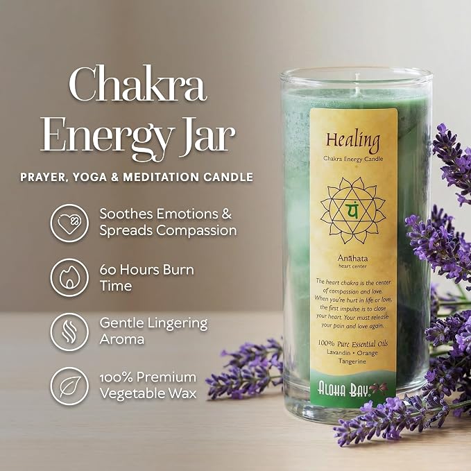 Premium Scented Candle Hand Made Chakra Energy Jar | 11 Oz | Healing, Anahata | Yoga Balance Prayer & Meditation Candle | Long Burn 60 Hours | Essential Oils, Lavandin Orange & Tangerine | Aloha Bay