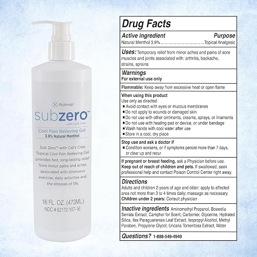 Sub Zero Cooling Pain Relief Gel, 16oz Bottle with Pump - Joint Relief and Nerve Pain Relief Cream for Muscle Deep Pain Relief and Arthritis Relief