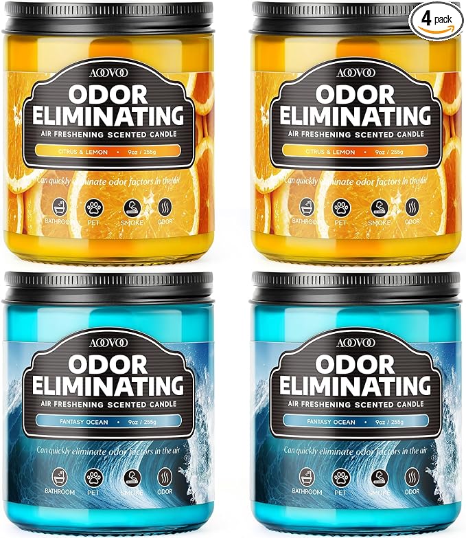 AOOVOO 4 Pack Citrus Lemon/Fantasy Ocean Odor Eliminating Highly Fragranced Candle - Eliminates 95% of Pet, Smoke, Food, and Other Smells Quickly, Non Toxic Air Freshing Soy Candle