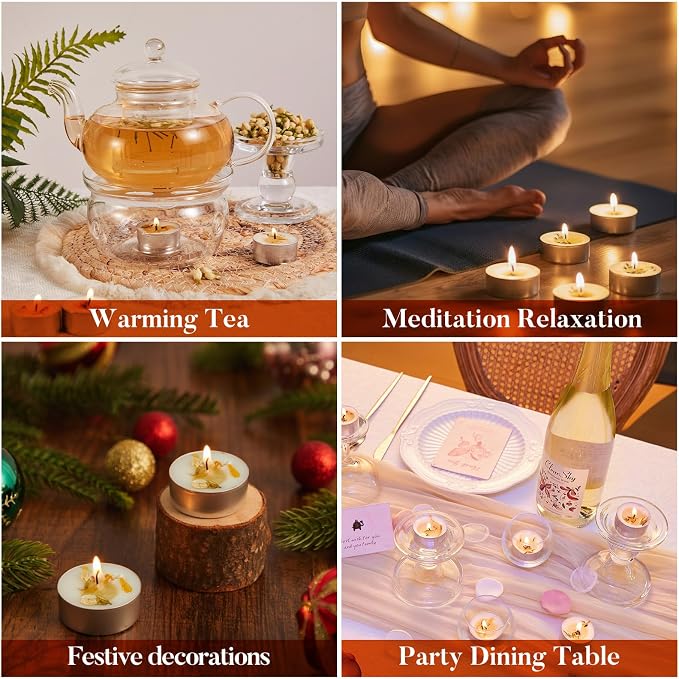 Crenovo Scented Tea Lights Candles with Dried Jasmine Flowers, 16 Pcs Soy Tealight Candles, 6-7 Hours Burning Candles Bulk for Weddings, Small Tea Light for Home, Spa