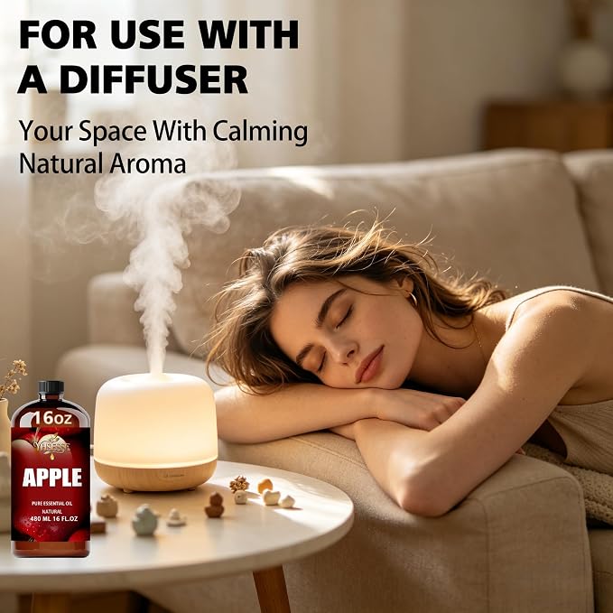 Apple Essential Oil, Apple Oil 16 Fl Oz 480ml for Diffuser Yoga Soap & Candle Making – with 0.33 Oz Roller Ball & Funnel YHSESSE Essential Oils