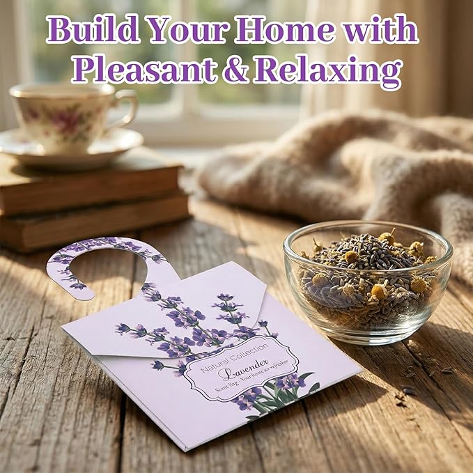 24 Pack Lavender Sachets, Natural Closet Freshener Drawer Sachets Hanging Home Fragrance Long Lasting with 10 Hanging Bags