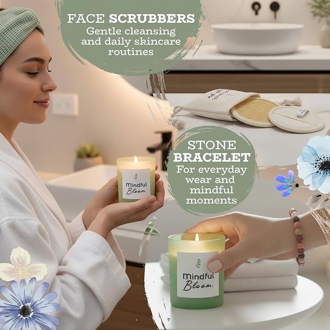 Birthday Gift Set for Women, Self Care Gift Baskets for Women with Neck Wrap, Spa Head Band & Bracelet, Face Roller, Gua Sha, Face Scrubbers, Aromatic Candle and Healing Stone Bracelet, Self Care Kit.