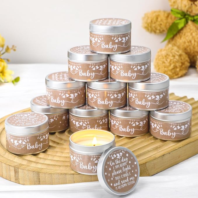 MTLEE 24 Pcs Kraft Paper Baby Shower Party Favors Candles Lavender Scented Baby Shower Favors for Guests Rustic Tealights Candles Gender Reveal Return Gifts (1.2 oz, Khaki)