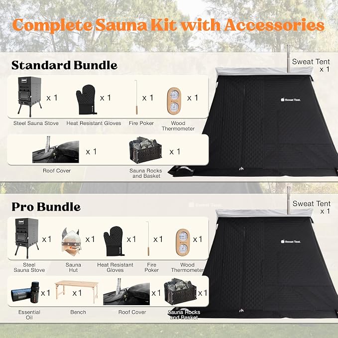 SweatTent Portable Outdoor Sauna (Extra Large) Standard Bundle – Complete Kit with Stove, Sauna Rocks, Basket, Gloves, Fire Poker, Thermometer, Quick Assembly, 10 Adults, Backyard & Camping