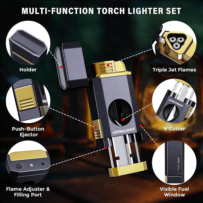Triple Flame Torch Lighter with Built-in V Cutter, Holder and Draw Enhancer Tool, Butane Refillable Torch Lighter, Multifunctional Accessories Gift, Windproof Lighters for Candles and Outdoors