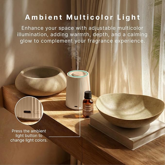 Homedics Waterless Essential Oil Diffuser with 15ml Vanilla Cedarwood Fragrance Oil. SereneScent Cordless Cold Air Scent Diffuser Starter Kit with Ambient Light, Studio 671 (Beige)