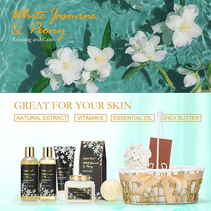 Spa Bath & Body Gifts for Women, Jasmine Peony Spa Gift Basket Self Care | Beauty Care Kit Relaxation Bath Gift, Skin Care Pamper Kit, Bath & Body Care Set, Birthday, Christmas, Anniversary