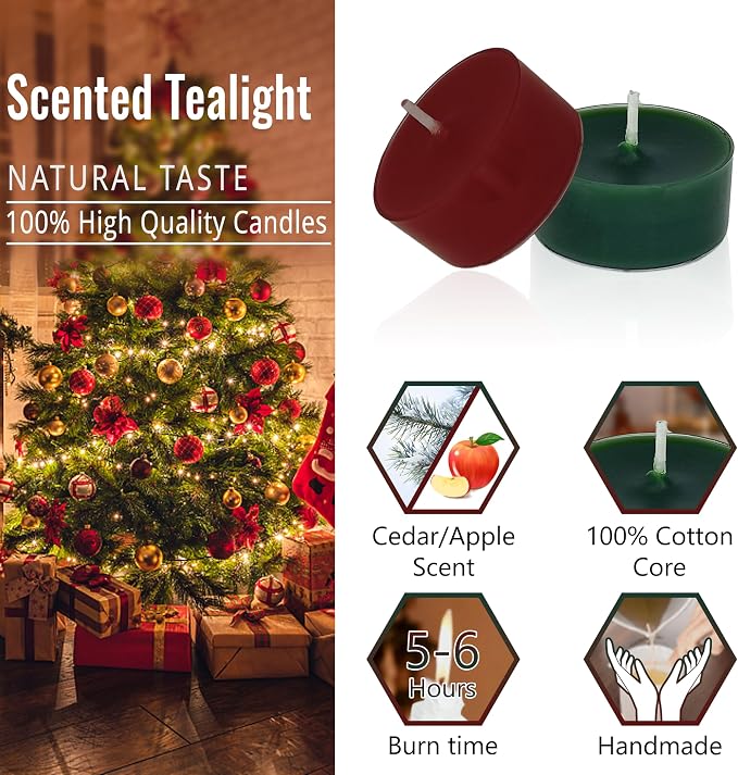 Red & Green Tea Lights Set of 24, Apple Cedar Scented Tealight Candles, Handmade Tea Candles, Long Burning Tealights for Romantic Wedding Home Decor Gift