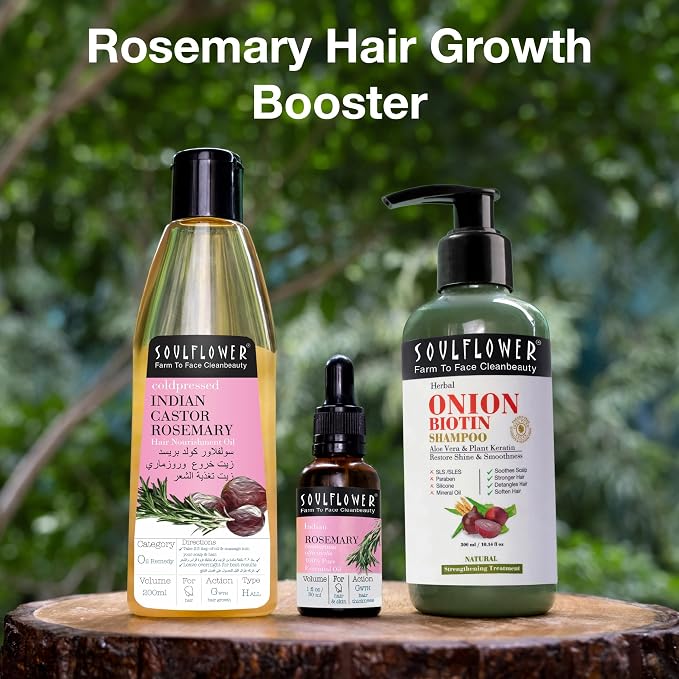 Soulflower 100% Pure Rosemary Oil for Hair Growth, Hair Fall Control, Strengthening, Volumising Hair Oil for All Types | Organic Certified (1 fl oz)