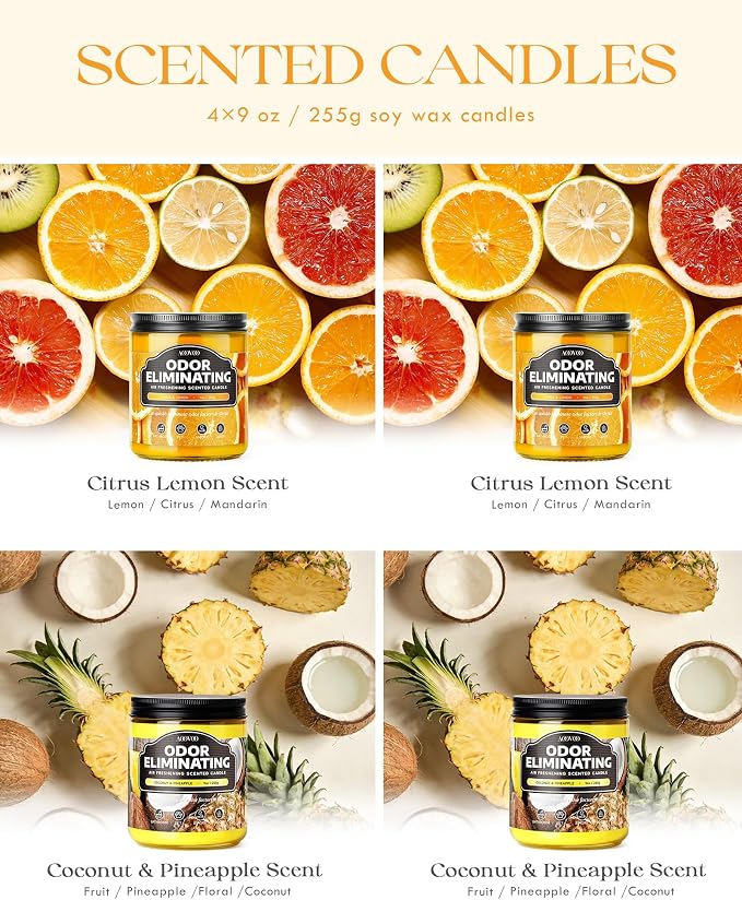 AOOVOO 4 Pack Citrus Lemon/Coconut Pineapple Odor Eliminating Highly Fragranced Candle - Eliminates 95% of Pet, Smoke, Food, and Other Smells Quickly, Non Toxic Air Freshing Soy Candle
