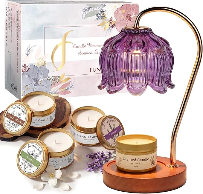 Flower Candle Warmer Lamp Gift Set for Women, Wax Melt Warmer Lamp with Timer & Dimmer, Self Care Spa Basket with Tumbler, Rose Bath Salt, Scented Candle, Soap, Christmas Birthday Gifts for Mom Her