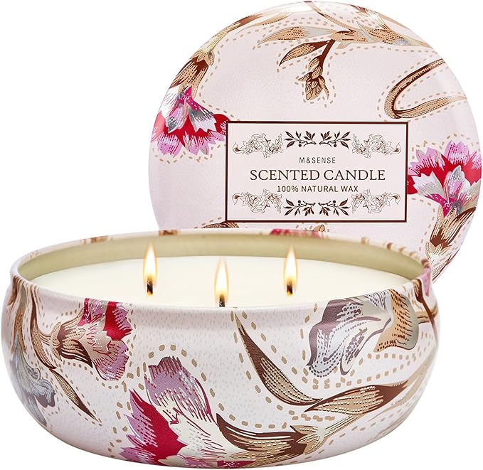 M&SENSE Soy Candle Mimosa Rose Scented 12oz Over 40 Hours Burn Time, 3-Wick Natural Aromatherapy Candle Highly Scented & Long Lasting, Home Fragrance Gift for Women Men