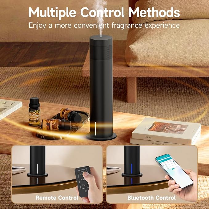Waterless Scent Diffuser Starter Kit - Cold Air Diffuser Machine with 6 Essential Oils, 1500 Sq.ft Coverage for Large Room Home Office Hotel, Smart Aromatherapy Diffuser, Remote Control & APP, Timer