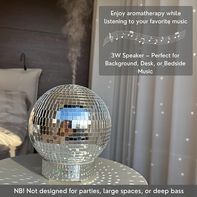 SCANDINORDICA Disco Ball Diffuser Speaker - Large 300 mL Rotating Disco Ball Essential Oil Diffuser with Whisper Quiet Operation, 7 Color LED Night Light & 4 Time Settings | Cute Bluetooth Speaker
