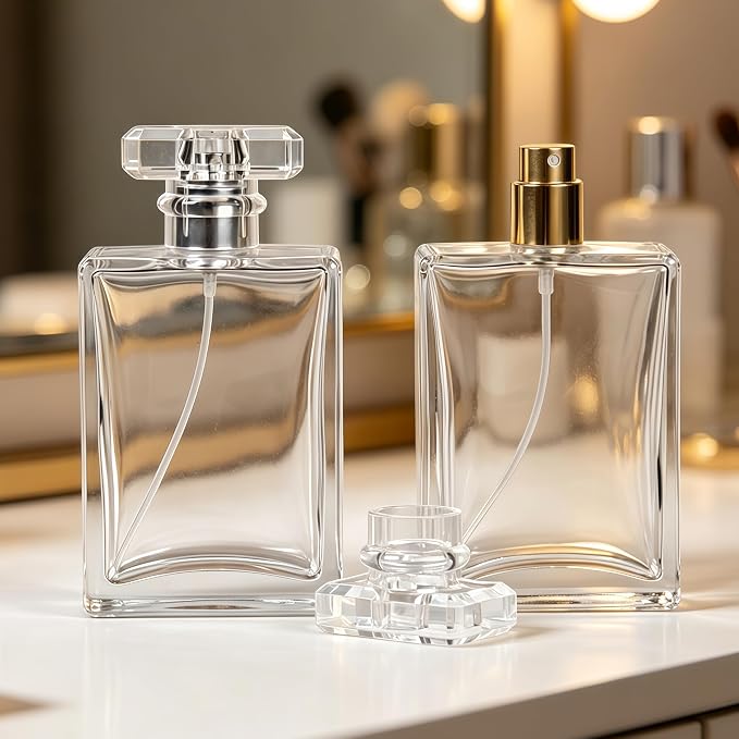 2 Pack Clear Glass Perfume Atomizer,100ml Empty Refillable Spray Bottle for Men and Women,Portable Fragrance Fine Mist Spray Bottle Perfume Dispenser for Travel (Gold+Silver)