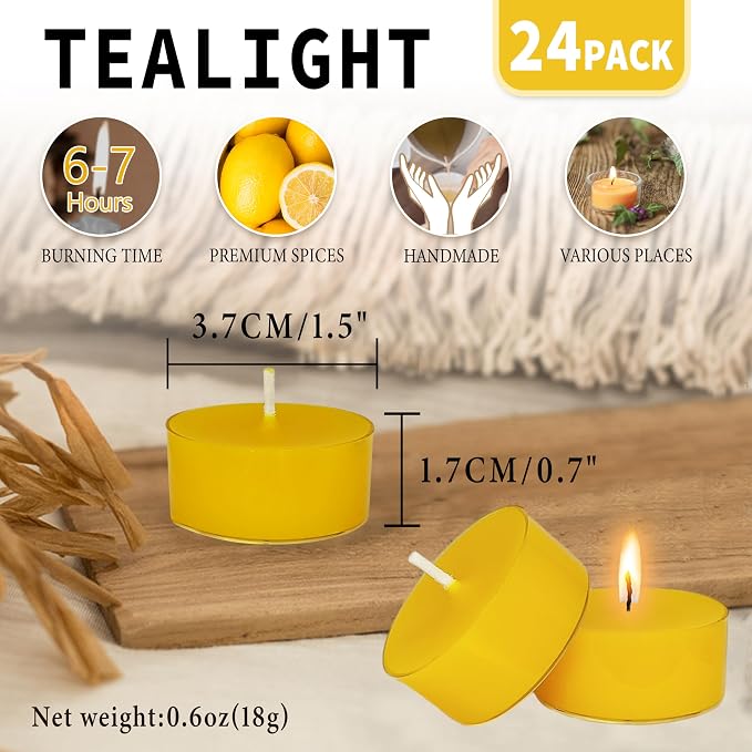 Lemon Scented Tealight Candles, Yellow Scent Tea Lights Candles Clear Cup, 24 Pack Colored Tealights Candle, 6 Hour Burn Time Tea Candles for Party, Decor, Spa, Shabbat