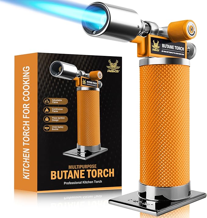 RAVS Butane Torch Lighter, Creme Brulee Torch with Adjustable Flame, Premium Metal Kitchen Torch for Baking, BBQ, DIY, Orange, Butane Gas Not Included