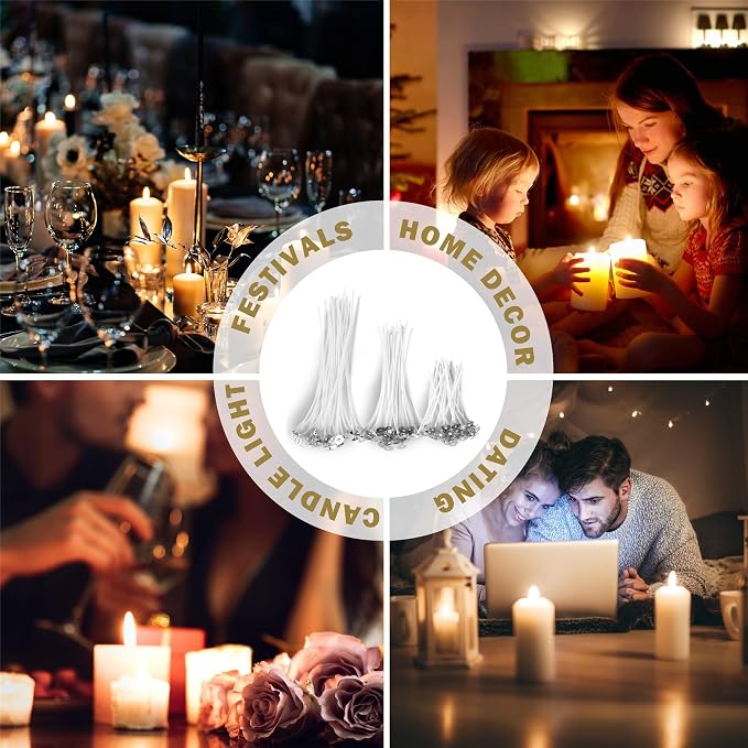 Candle Wicks 90 Pcs (4 inch, 6 inch, 8 inch) with 2 Candle Wick Holders & 90 Wick Tab Stickers, Long Lasting Pre-Waxed & Tabbed Cotton Threads with No Black Smoke for DIY Crafts