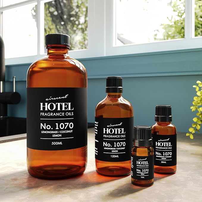AirScent Hotel Diffuser Oil No. 1070 - Lemongrass, Coconut, Lemon - Premium Fragrance Oil for Ultrasonic and Waterless Diffusers and Crafting - 10 mL, 0.34 fl oz Glass Dropper Bottle