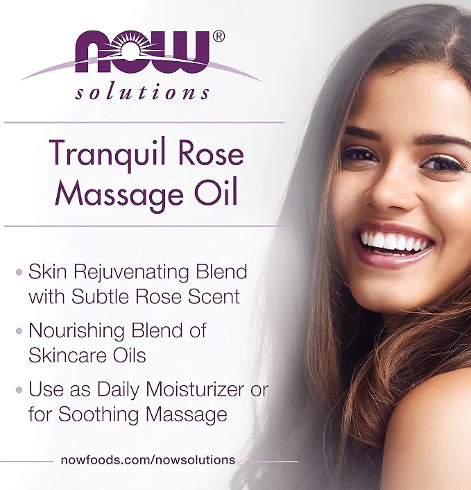 NOW Solutions, Tranquil Rose Massage Oil, Body Moisturizer for Dry Sensitive Skin, Promotes Healthy-Looking Skin, 8-Ounce