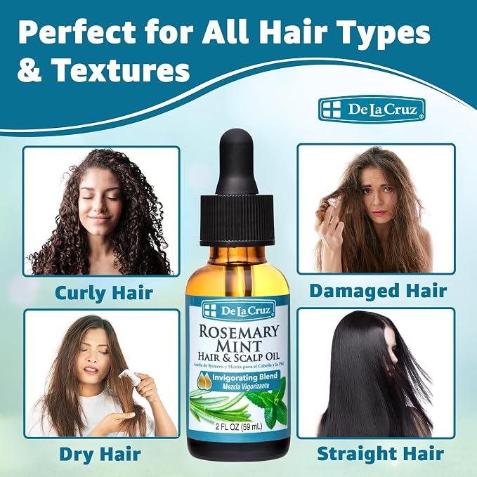 De La Cruz Rosemary Mint Oil Blend for Hair & Scalp - Revitalizing Blend with Castor, Avocado and Olive Oil - Naturally Moisturizing Rosemary Hair Oil - 2 FL OZ