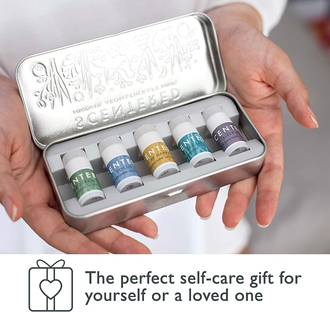 Scentered Aromatherapy Gift Set, Mini Roll On Essential Oil Balms for Mood Boost, Focus, Stress-Relief, Calm, Sleep - Set of 5 Premium Blends - Aromatherapy Gifts for Women