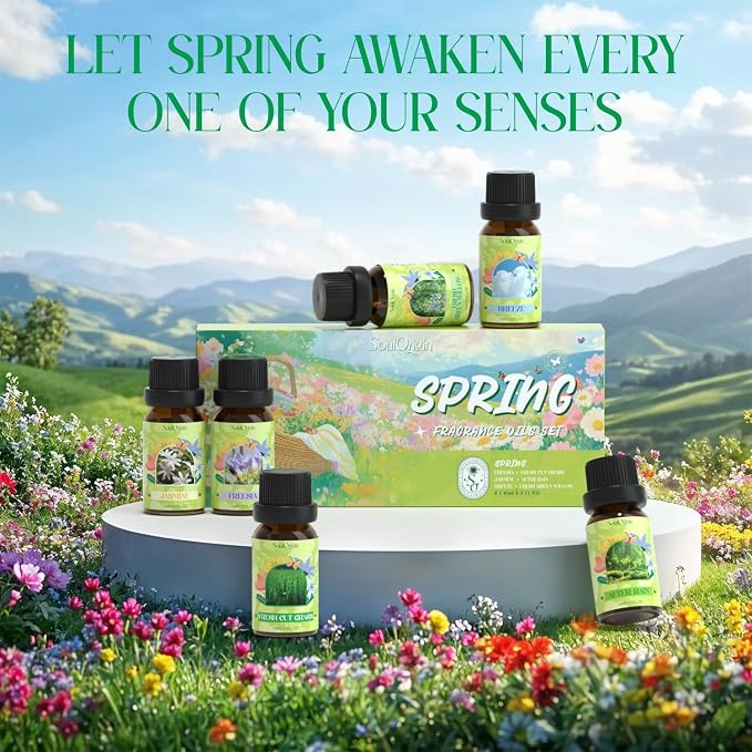 Soulorigin Spring Fragrance Oils Set, Essential Oil Gift Set for Diffuser, Spring Scent Diffuser Oil, Diffuser Scents Oil for Home,Freesia,Breeze,Fresh Green Willow,Fresh Cut Grass,Jasmine, After Rain