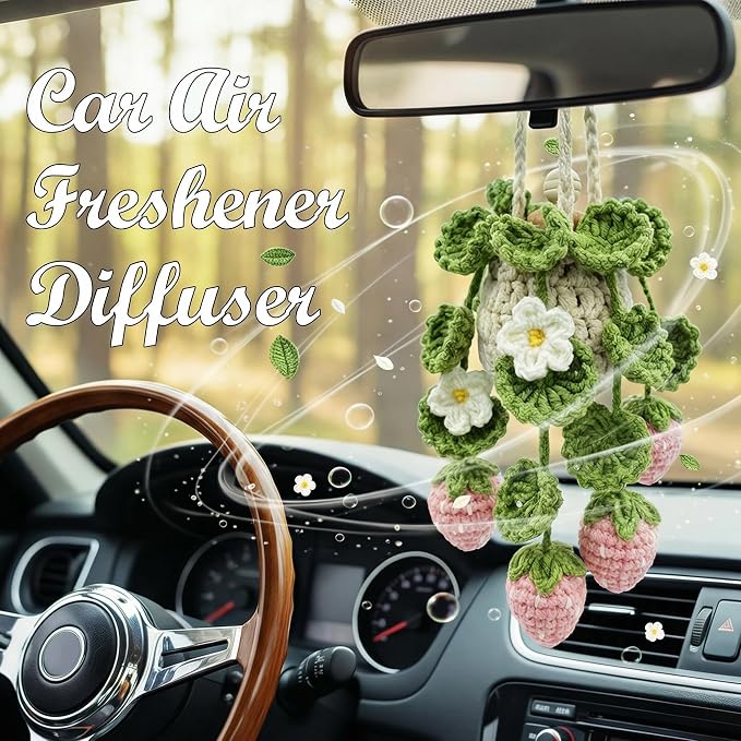 Crochet Car Air Freshener Hanging, Cute Hanging Plant for Cars, Crochet Strawberry Plant with 10ml Empty Refillable Oil Diffuser Bottle, Handmade Boho Car Ornament Charms for Rear View Mirror, Pink