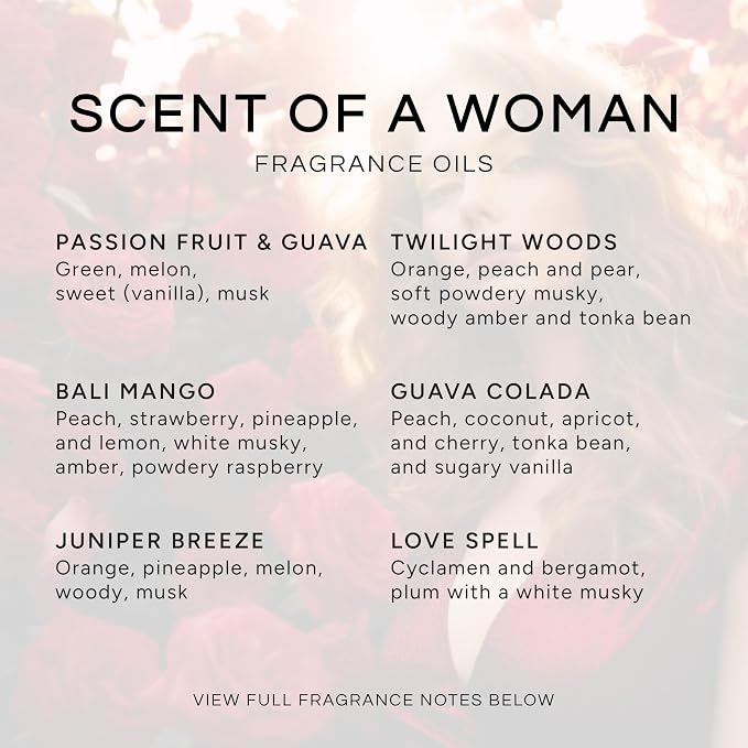 Eternal Essence Oils Scent of a Woman Set of 6 Premium Fragrance Oils - Includes Guava Colada, Twilight Woods, Bali Mango, Passion Fruit & Guava, Juniper Breeze, and Love Spell Scented Oils - 10ML