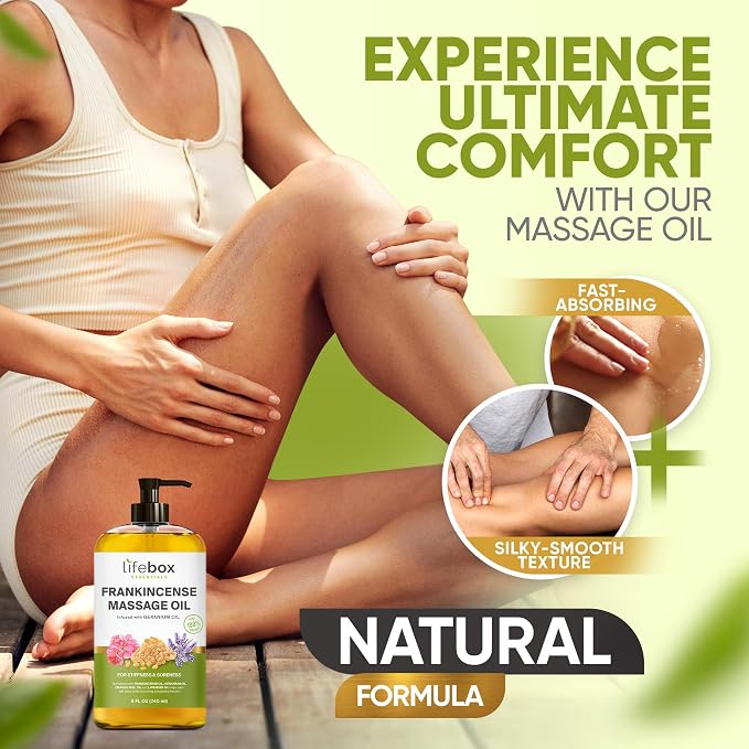 Frankincense Massage Oil – 100% Pure & Natural - Massage Therapy Oil for Soreness & Stiffness – Stretch Marks and Scars Body Oil Infused with Frankincense Essential Oil and Geranium Oil – 8 FL OZ