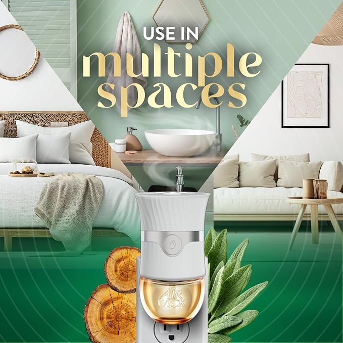 Air Wick Vibrant Plug In Scented Oil Warmer + Refills, Infused with Essential Oils, Plug In Air Fresheners for Home, White Sage & Mahogany, Gadget + 3 ct