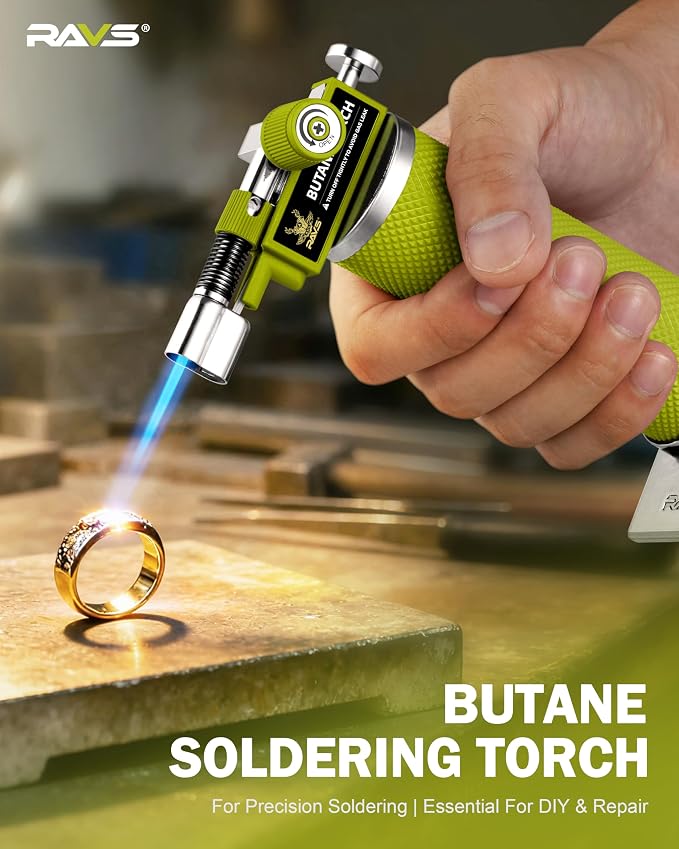 RAVS DUAL Flame Mode Butane Torch Lighter, Refillable Kitchen Torch, Metal Body Creme Brulee Torch for Baking, Cooking, Resin Art with Adjustable Flame, Green Soldering Torch, Butane Gas Not Included
